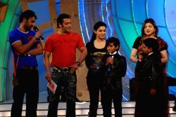 Ajay Devgan, Salman Khan, Asin and Alka Yagnik on the sets of Sa Re Ga Ma Little Champs Grand Finale.