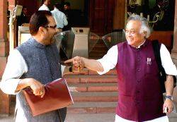 BJP Leader Mukhtar Abbas Naqvi and Environment Minister Jairam Ramesh at Parliament Hose.