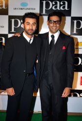 Bollywood actors Ranbir Kapoor and Abhishek Bachchan at the premiere of film "Paa".