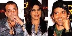 Bollywood actors Sanjay Dutt, Priyanka Chopra and Hrithik Roshan at PVR Gurgaon to promote their film "Agneepath", on Monday New Delhi,23 Jan 2012.
