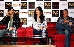 Bollywood actors Sanjay Dutt, Priyanka Chopra and Hrithik Roshan at PVR Gurgaon to promote their film "Agneepath", on Monday New Delhi,23 Jan 2012.