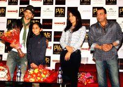 Bollywood actors Sanjay Dutt, Priyanka Chopra and Hrithik Roshan at PVR Gurgaon to promote their film "Agneepath", on Monday New Delhi,23 Jan 2012.
