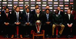 Captains of all the 14 cricket world cup teams with the ICC Cricket World Cup trophy in Dhaka, Bangladesh on Feb 17, 2011. The 14 national captains , Front Row Left to Right, Ashish Bagai (Canada),...