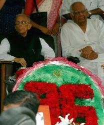 Indian veteran communist leader Jyoti Basu greets well-wishers on his 96th birthday at his residence in Kolkata on Wednesday July 8, 2009. Basu was the former Chief Minister of the State of West Bengal and Leader of Communist Party of India (Marxist).On his left former Lok-Sabha speaker Somnath Chatterjee also in the picture.