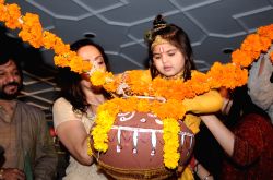 Krishna Bhatia and Hema Malini launching the 'Jai Shri Krishna - Natkhat Krishna Ke Geet' Album on Sony Music at ISKCON temple.