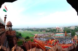 New Delhi,15 August 2010-A panoramic view as children form tricolor in front of Red Fort while the Prime Minister, Dr. Manmohan Singh addressed the Nation on the occasion of 64th Independence Day, in Delhi on Sunday.
