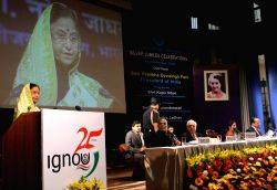 President Pratibha Devisingh Patil launching ''flexi-learning platform'' at the Silver Jubille Celebration of Indira Gandhi National Open University in New Delhi on Thursday also in photo HRD Ministers Kapil Sibal and D. Purandeswari, planning commission member Dr Narendra Jadhav and vice-chancellor V N Rajasekharan Pillai