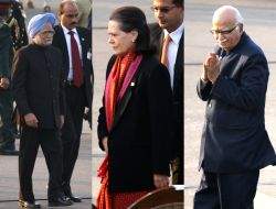 Prime Minister Manmohan Singh,UPA Chairperson Sonia Gandhi and BJP leader L K Advani at the Beating Retreat Ceremony at Vijay Chowk on Sunday New Delhi,29 Jan 2012.