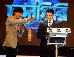 Sourav Ganguly and Shahrukh Khan at a shutting of a TV program in Kolkata on Sunday.