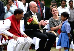 Sweden Prime Minister Fredrik Reinfeldt his wife Filippa Reinfeldt and social reformer Dr Bindeshwar Pathak with liberated scavenger's children, in New Delhi on Friday 06 Nov 2009.