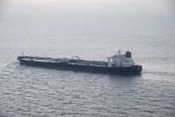 The Iranian tanker MT Seeb, from where an injured Iranian crew member was rescued by an Indian Navy SAR (Search and Rescue) Seaking helicopter (Photo: Ministry of Defence).