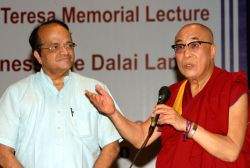 Tibetan spiritual leader Dalai Lama with IGNOU Vice Chancellor V N Rajasekharan Pillai at the Mother Teresa memorial lecture "Mother and compassion'' at Indira Gandhi National Open...