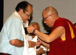 Tibetan spiritual leader Dalai Lama with IGNOU Vice Chancellor V N Rajasekharan Pillai at the Mother Teresa memorial lecture "Mother and compassion'' at Indira Gandhi National Open...