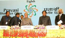Union Ministers Pranab Mukherjee, Vayalar Ravi, Kamal Nath, Veerrappa Moily and adviser to Pm Sam Pitroda at the inaugural of '' 8th Pravasi Bharatiya Divas'' in New Delhi on...