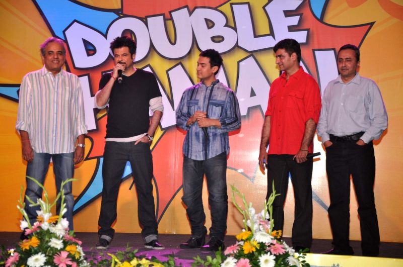 Anil Kapoor, Aamir Khan and Sanjay Dutt at Double Dhamaal film launch at Mehboob.
