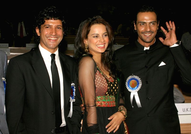 Bollywood actors Farhan Akhtar ,Kangna Ranaut and Arjun Rampal at the ''56 National Film Awards'', in New Delhi on Friday.