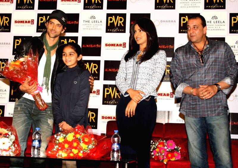 Bollywood actors Sanjay Dutt, Priyanka Chopra and Hrithik Roshan at PVR Gurgaon to promote their film "Agneepath", on Monday New Delhi,23 Jan 2012.