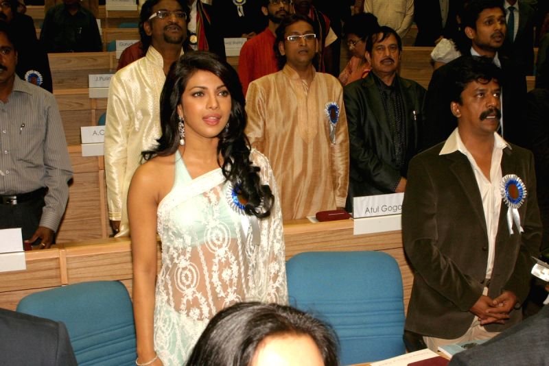 Bollywood actress Priyanka Chopra during the national anthem at the ''56 National Film Awards'', in New Delhi on Friday.
