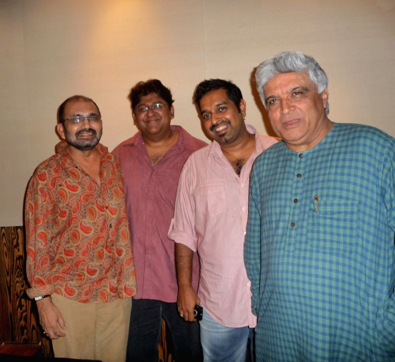 Composer Monty Sharma, Director Vinay Shukla, Lyricist Javed Akhtar and Singer Shankar Mahadevan during song recording of an upcoming movie "Mirch".