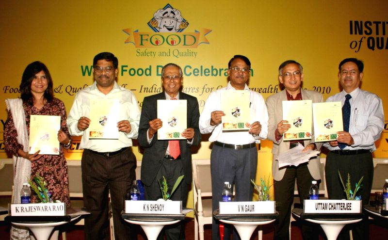 (From Left to Right) Meena Kapoor,K Rajeswara Rao, K N Shenoy,V N Gaur,Uttam Chatterjee and R K Tandon at the release of ''CII - food safety rating matrix for food eateries based on ''fassai criteria for audit of food establishment'', in New Delhi on Friday 16 oct 2009.