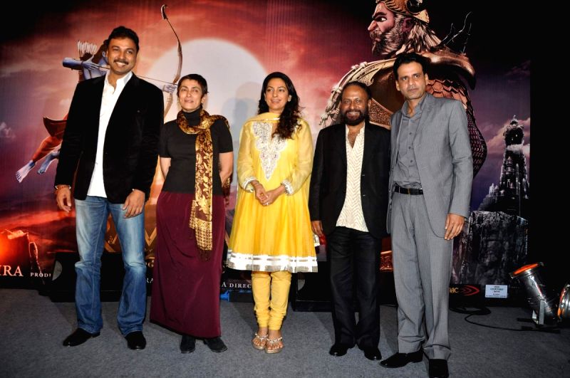 Juhi Chawla and Manoj Bajpai at Ketan Mehta's Ramayana press meet at Courtyard Marriott.