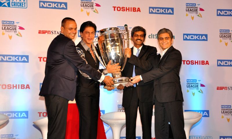 L to R Mr. Sundar Raman, CEO Nokia Champions League Twenty20, Shahrukh Khan Face of Champions League T20, D Shivakumar, Managing Director, Nokia India and Mr. Aloke Malik, Managing Director, ESPN Software India Pvt Ltd at a press conference announcing SRK as the face of the Nokia Champions League Twenty20.