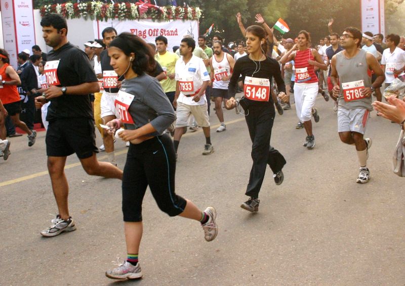 Participants at the Airtel Delhi Half Marathon, in New Delhi on Sunday.