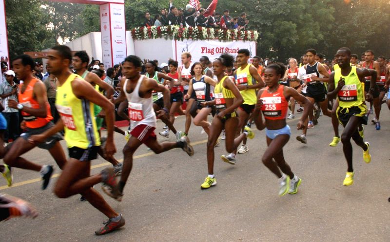 Participants at the Airtel Delhi Half Marathon, in New Delhi on Sunday.
