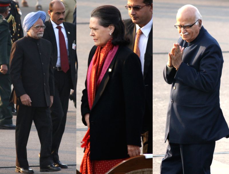 Prime Minister Manmohan Singh,UPA Chairperson Sonia Gandhi and BJP leader L K Advani at the Beating Retreat Ceremony at Vijay Chowk on Sunday New Delhi,29 Jan 2012.