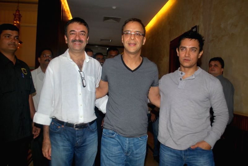 Producer Vidhu Vinod Chopra, Director Rajkumar Hirani and Aamir Khan were present at the first look of their movie "3 Idiots" held at Metro Big Cinemas in Mumbai.