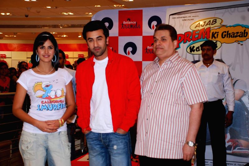 Ranbir Kapoor, producer Ramesh Taurani and Katrina Kaif promote their film "Ajab Prem ki Gazab Kahani" at Reliance Trends.
