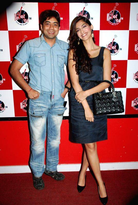 Sonam Kapoor with Aisha team with RJ Anurag Pandey of Fever FM at Andheri.