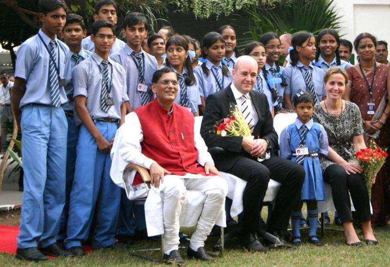 Sweden Prime Minister Fredrik Reinfeldt his wife Filippa Reinfeldt and social reformer Dr Bindeshwar Pathak with liberated scavenger's children, in New Delhi on Friday 06 Nov 2009.