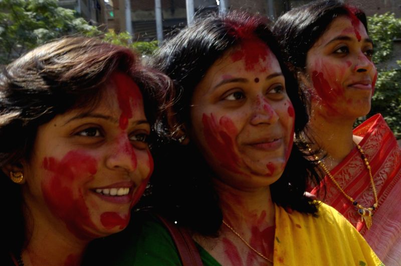 Vermilion ceremony on the last day of Durga Puja. (Photo: Partha Sarkar, IANS)