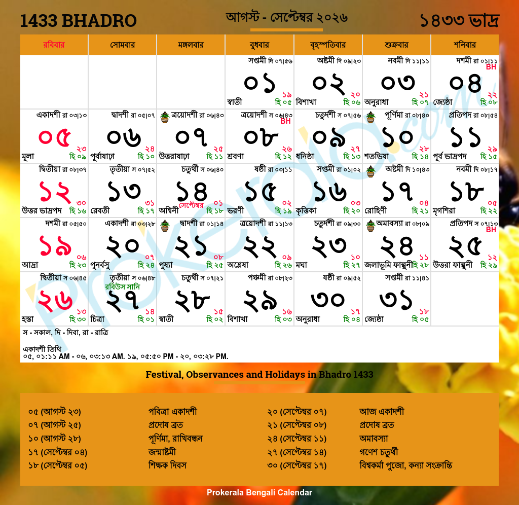 Bengali Calendar Bhadro 1433