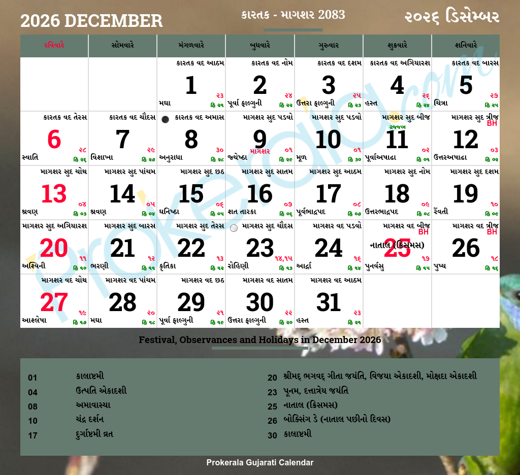 Gujarati Calendar December 2026