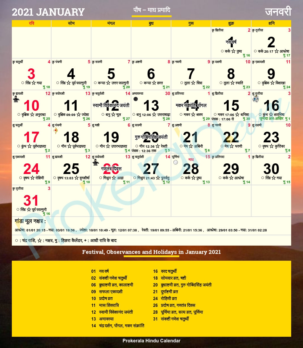 Hindu Calendar 2021 January