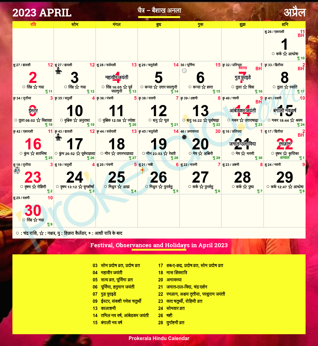 Hindu Calendar 2023, April