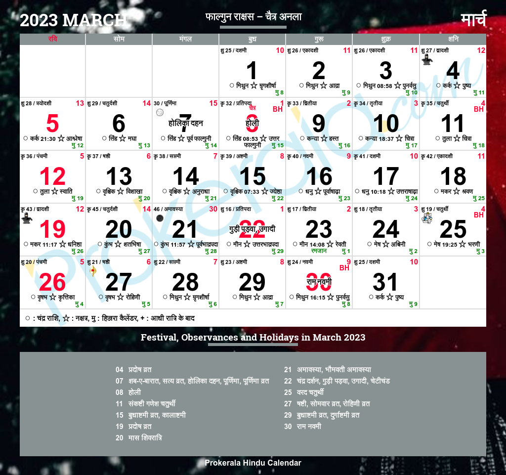 Hindu Calendar 2023, March