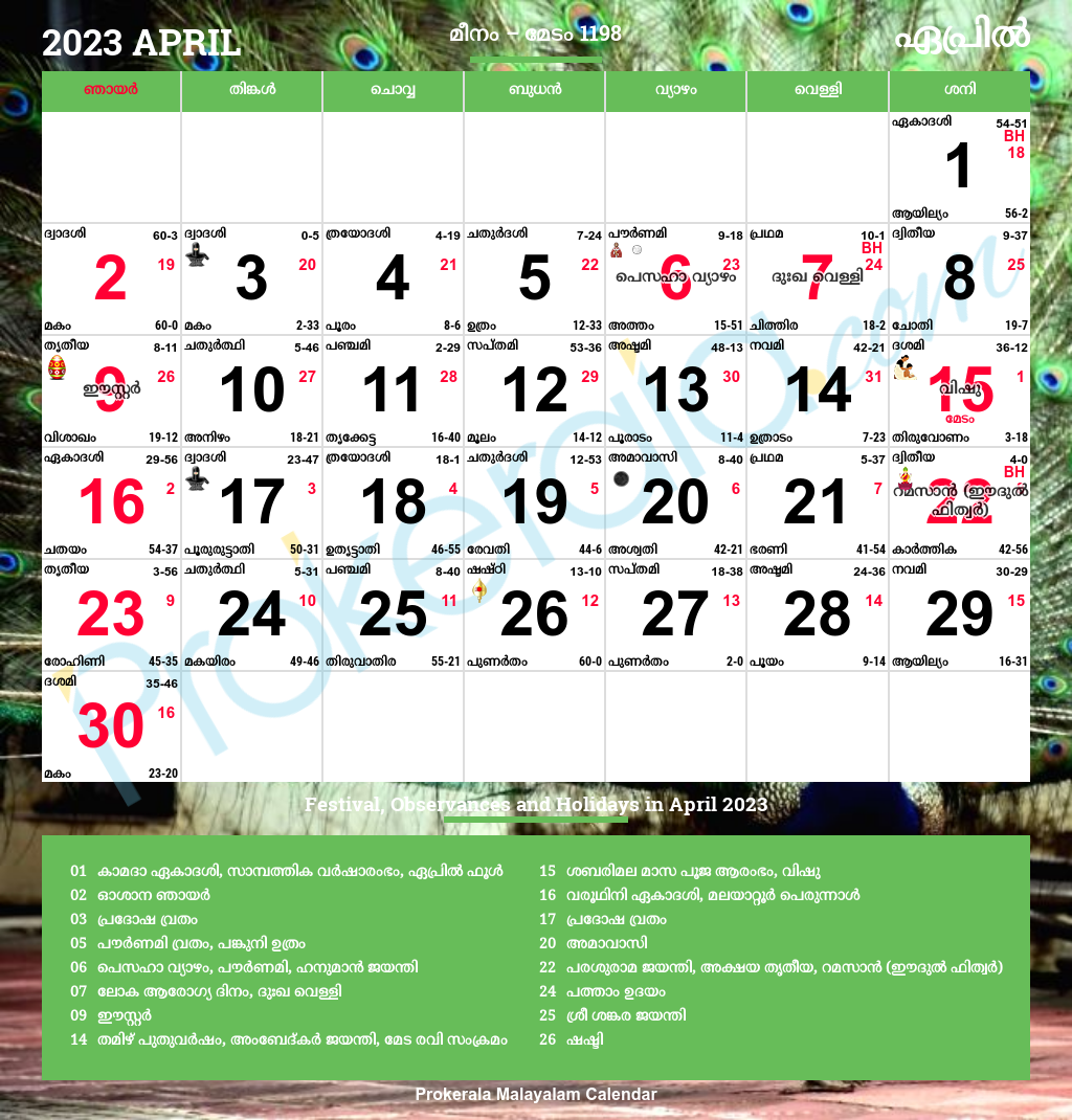 Malayalam Calendar 2023 | Kerala Festivals | Kerala Holidays 2023