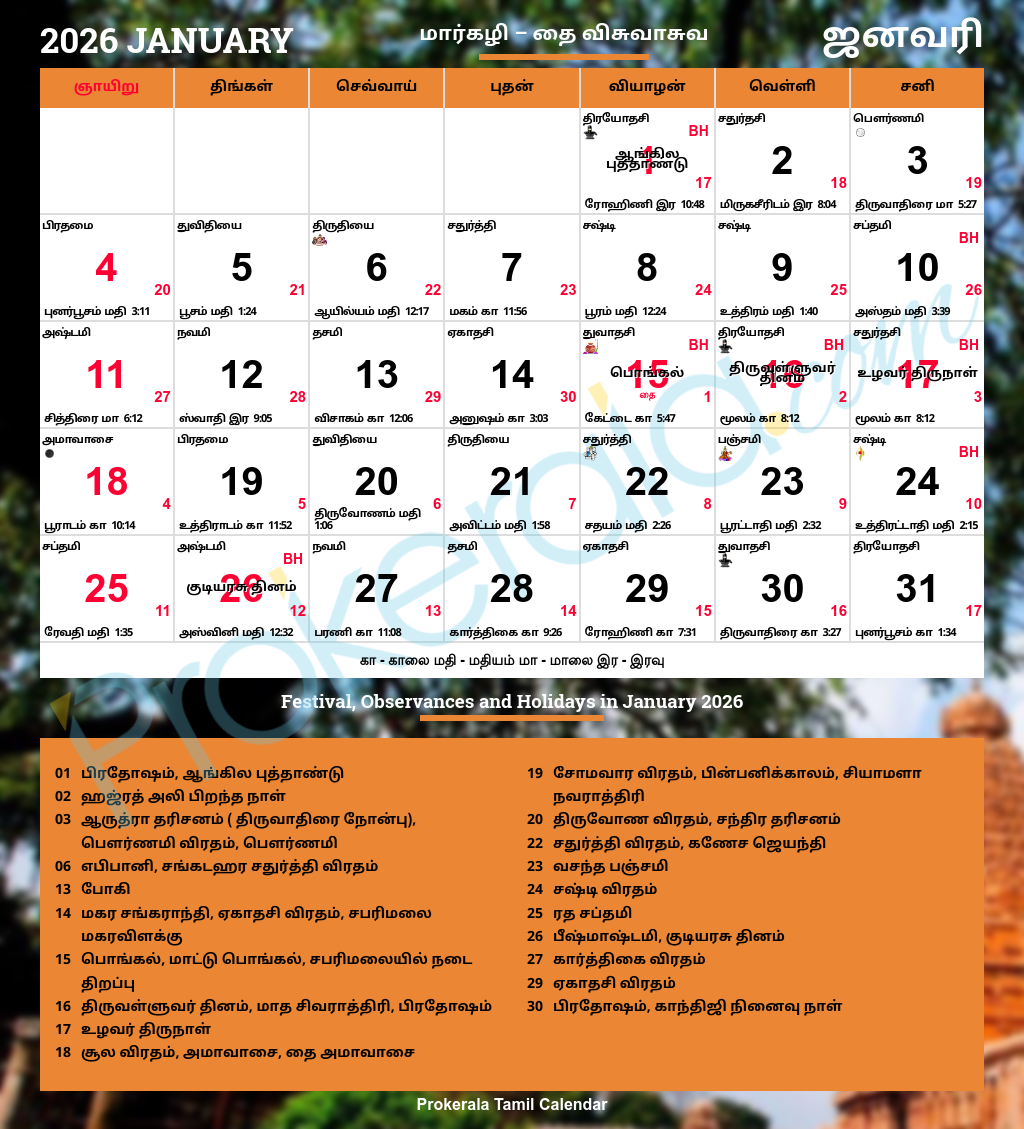 Tamil Calendar 2026, January