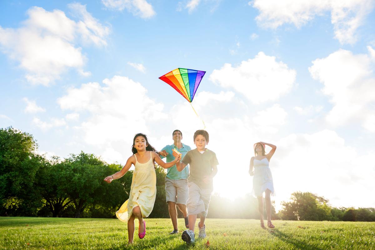 Family flying kites together
