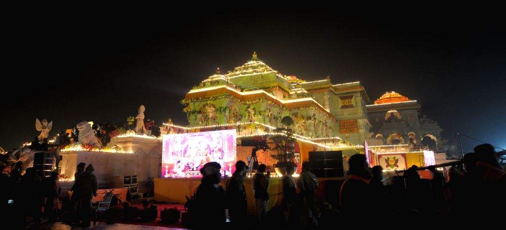 A illuminated view of Shri Ram Janmabhoomi Temple