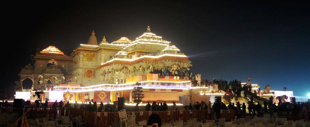 A illuminated view of Shri Ram Janmabhoomi Temple