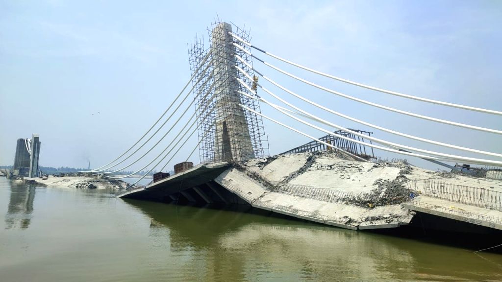 A view of an under-construction bridge that collapsed in river Ganga