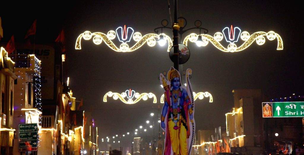 A view of the illuminated road ahead of the Ram temple consecration ...