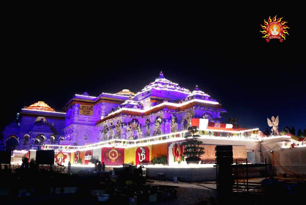 A view of the Ram Temple lit up with lights ahead of its consecration ...