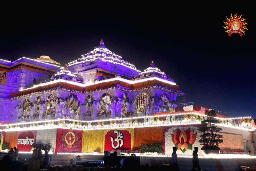 A view of the Ram Temple lit up with lights ahead of its consecration ...