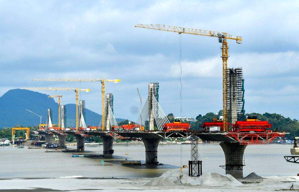 A view of the under-construction Guwahati-North Guwahati Bridge