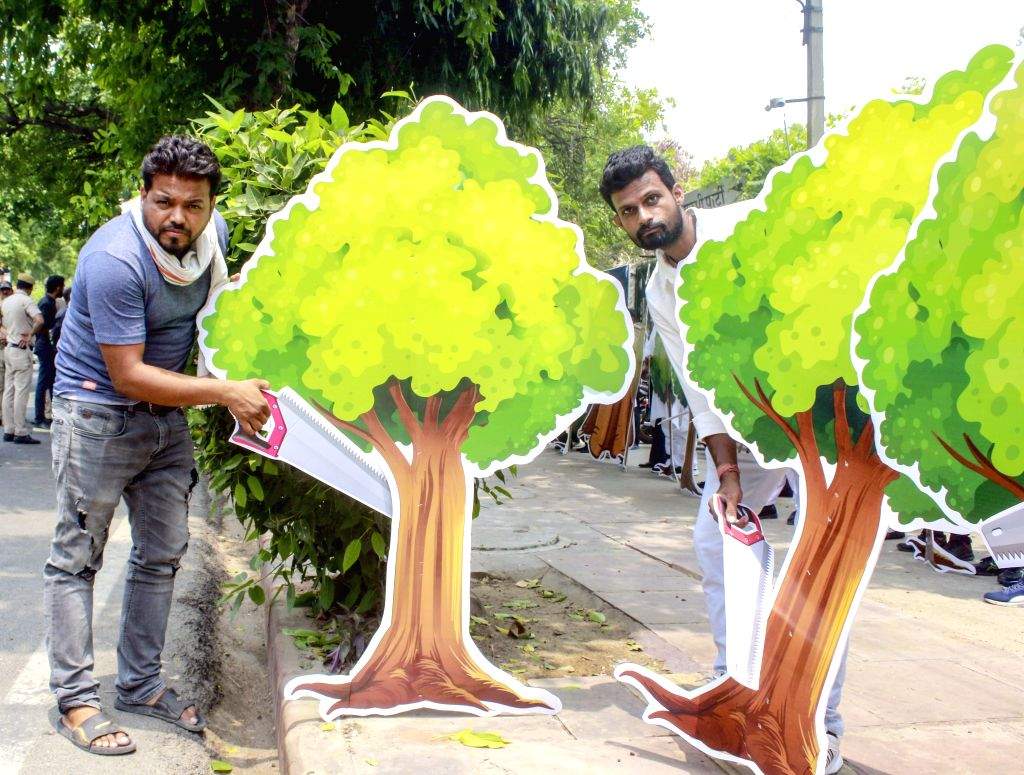 Aam Aadmi Party workers protest against illegal tree cutting by the LG